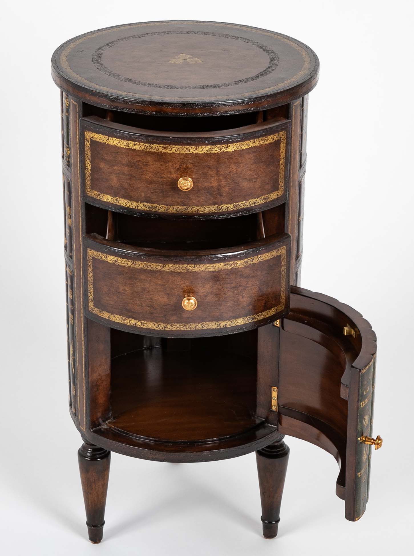 Cylinder Form Leather Faced Side Table with Faux Book Bindings on Drawers and Doors