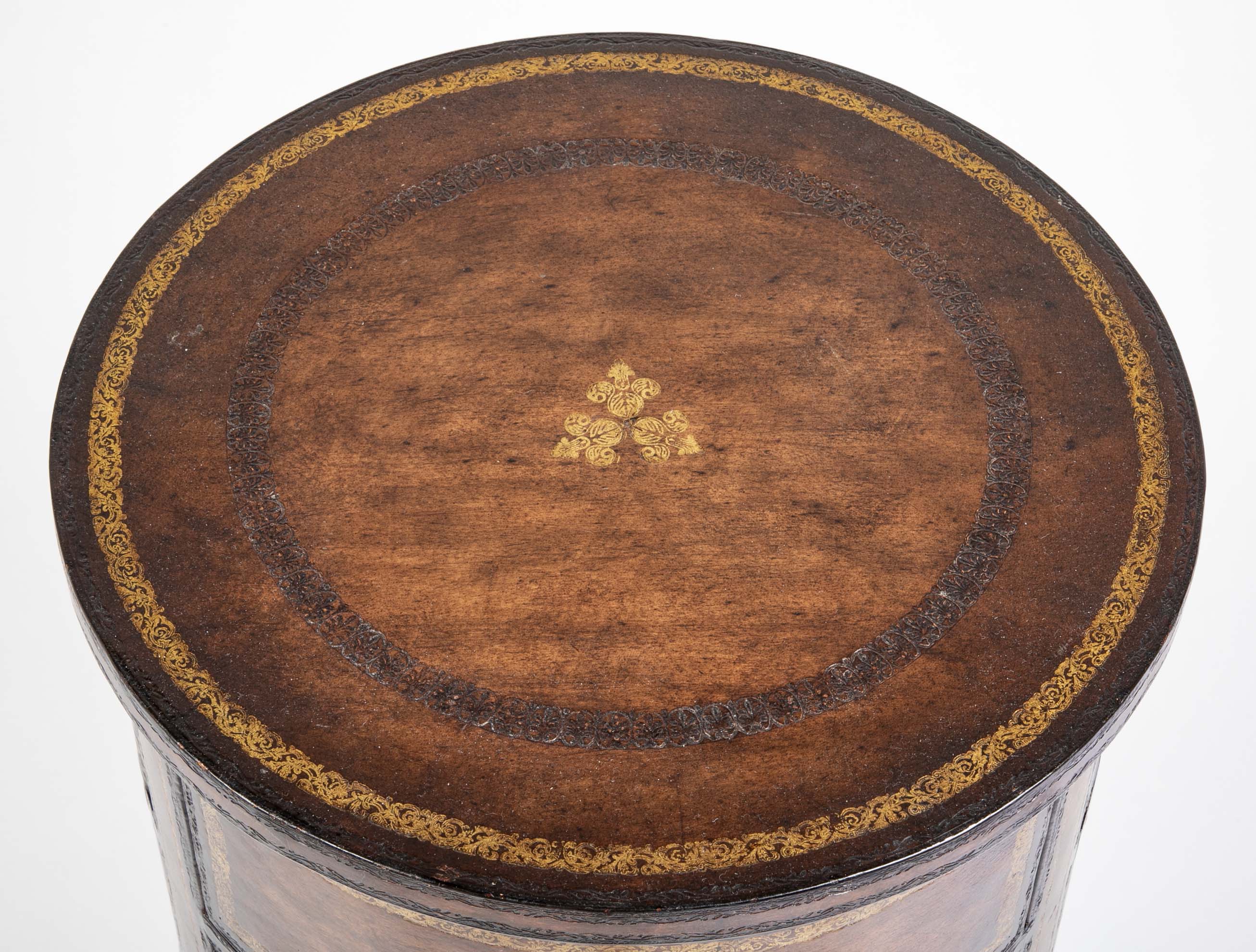 Cylinder Form Leather Faced Side Table with Faux Book Bindings on Drawers and Doors
