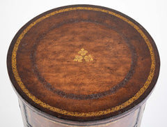 Cylinder Form Leather Faced Side Table with Faux Book Bindings on Drawers and Doors