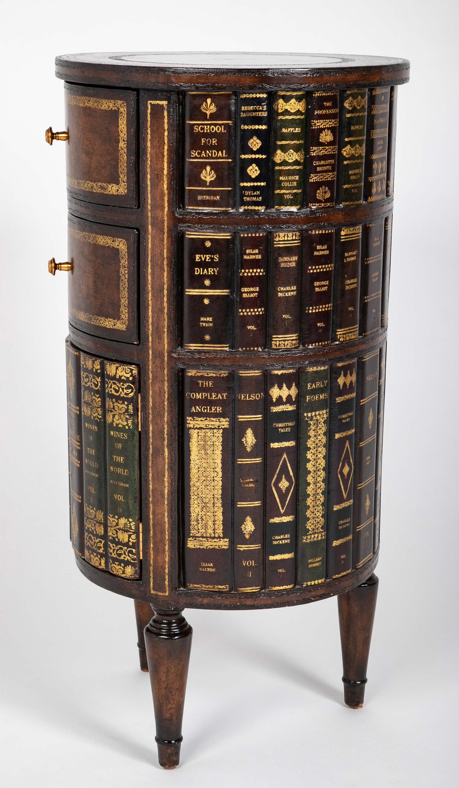 Cylinder Form Leather Faced Side Table with Faux Book Bindings on Drawers and Doors