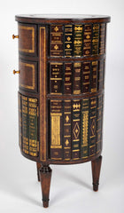Cylinder Form Leather Faced Side Table with Faux Book Bindings on Drawers and Doors