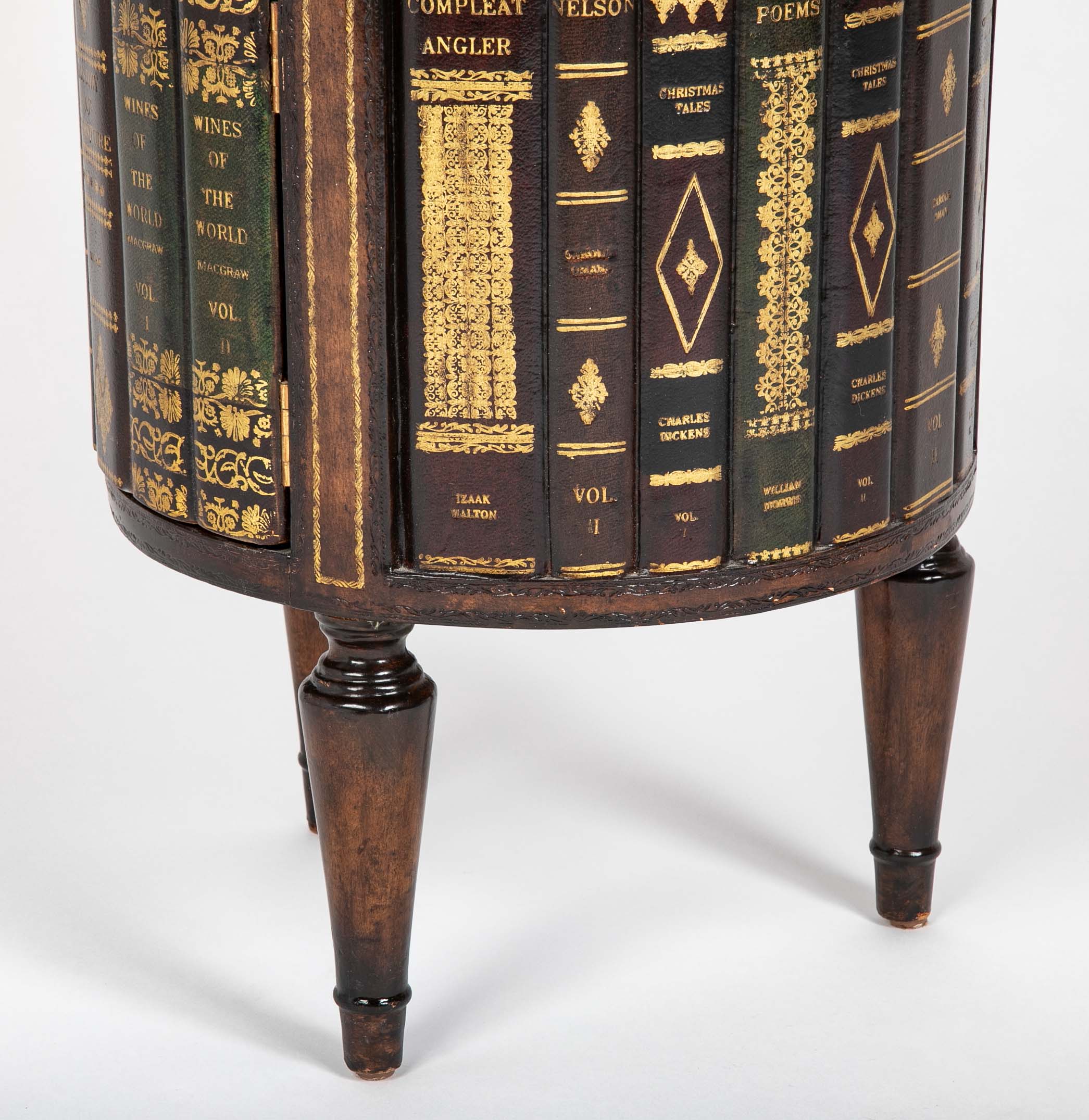 Cylinder Form Leather Faced Side Table with Faux Book Bindings on Drawers and Doors