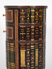 Cylinder Form Leather Faced Side Table with Faux Book Bindings on Drawers and Doors