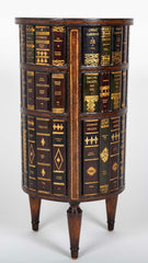 Cylinder Form Leather Faced Side Table with Faux Book Bindings on Drawers and Doors