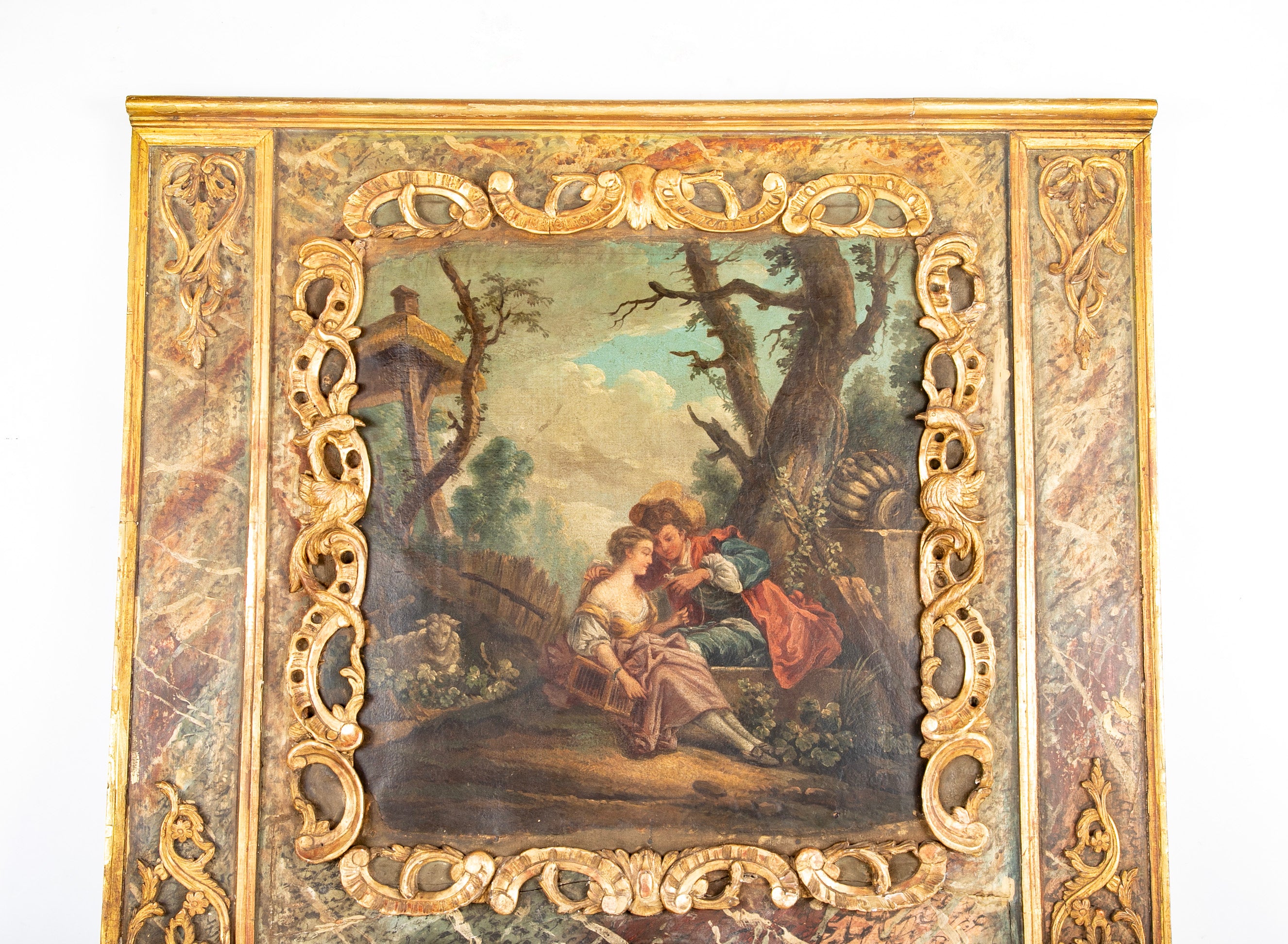 Late 18th Century French Trumeau Mirror with Romantic Painting Late 18th Century French Trumeau Mirror with Romantic Painting