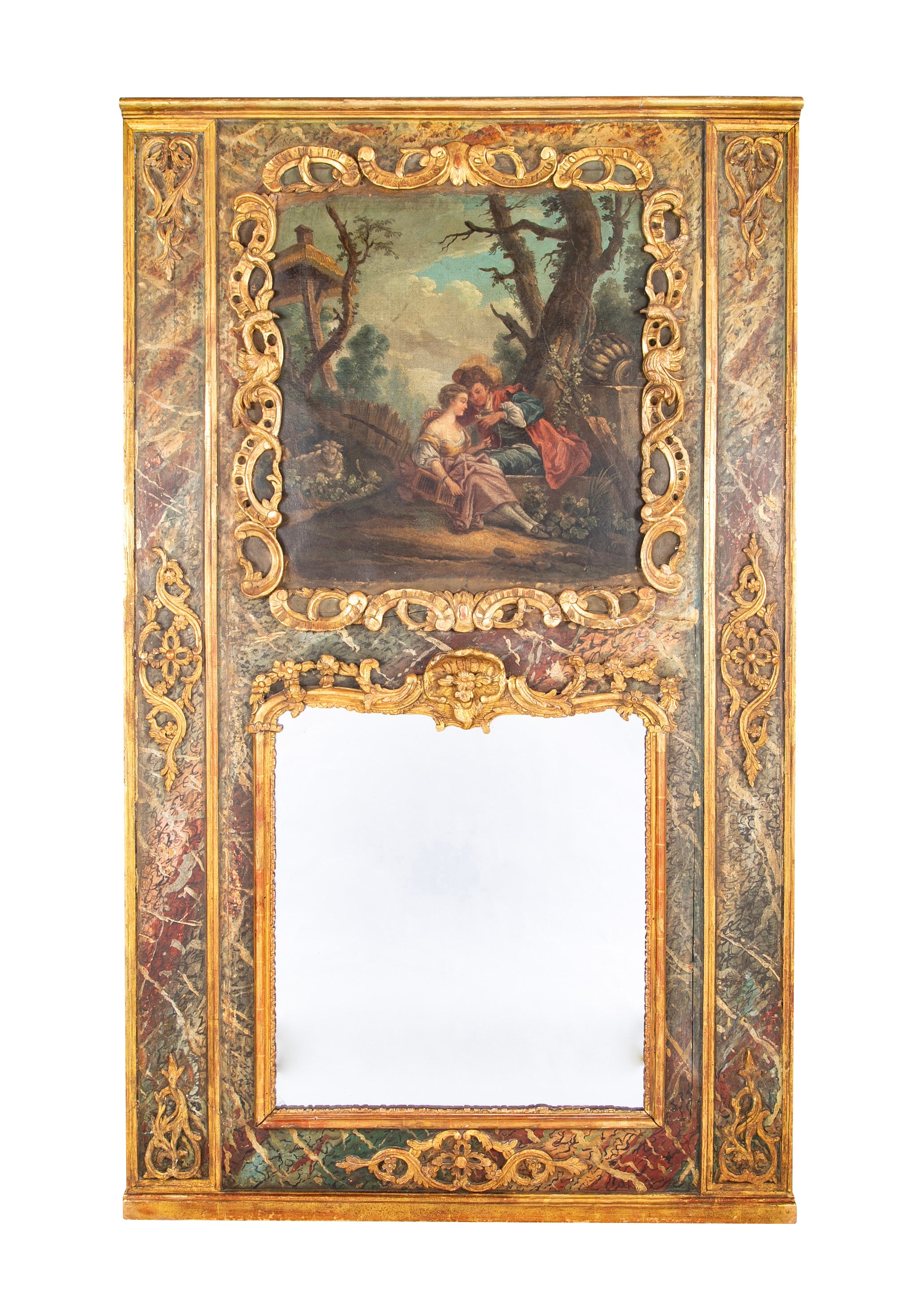 Late 18th Century French Trumeau Mirror with Romantic Painting Late 18th Century French Trumeau Mirror with Romantic Painting
