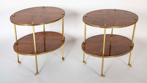 Pair of Brass Trimmed Yew Wood Two Tiered Tables