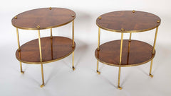 Pair of Brass Trimmed Yew Wood Two Tiered Tables