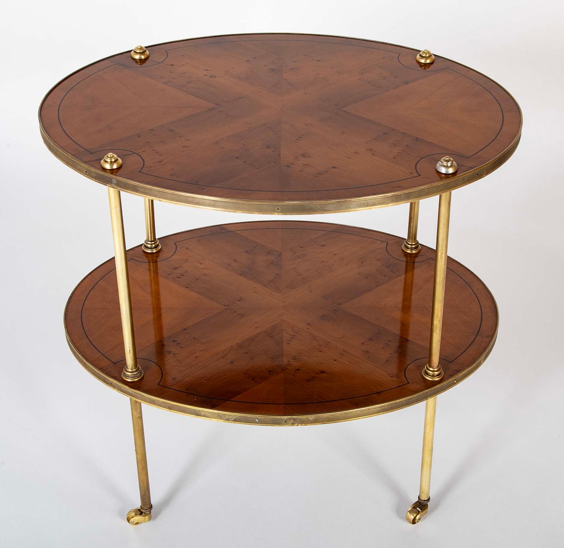 Pair of Brass Trimmed Yew Wood Two Tiered Tables