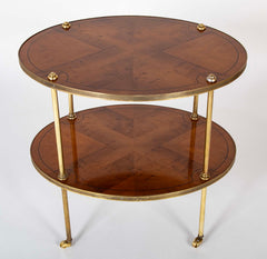 Pair of Brass Trimmed Yew Wood Two Tiered Tables