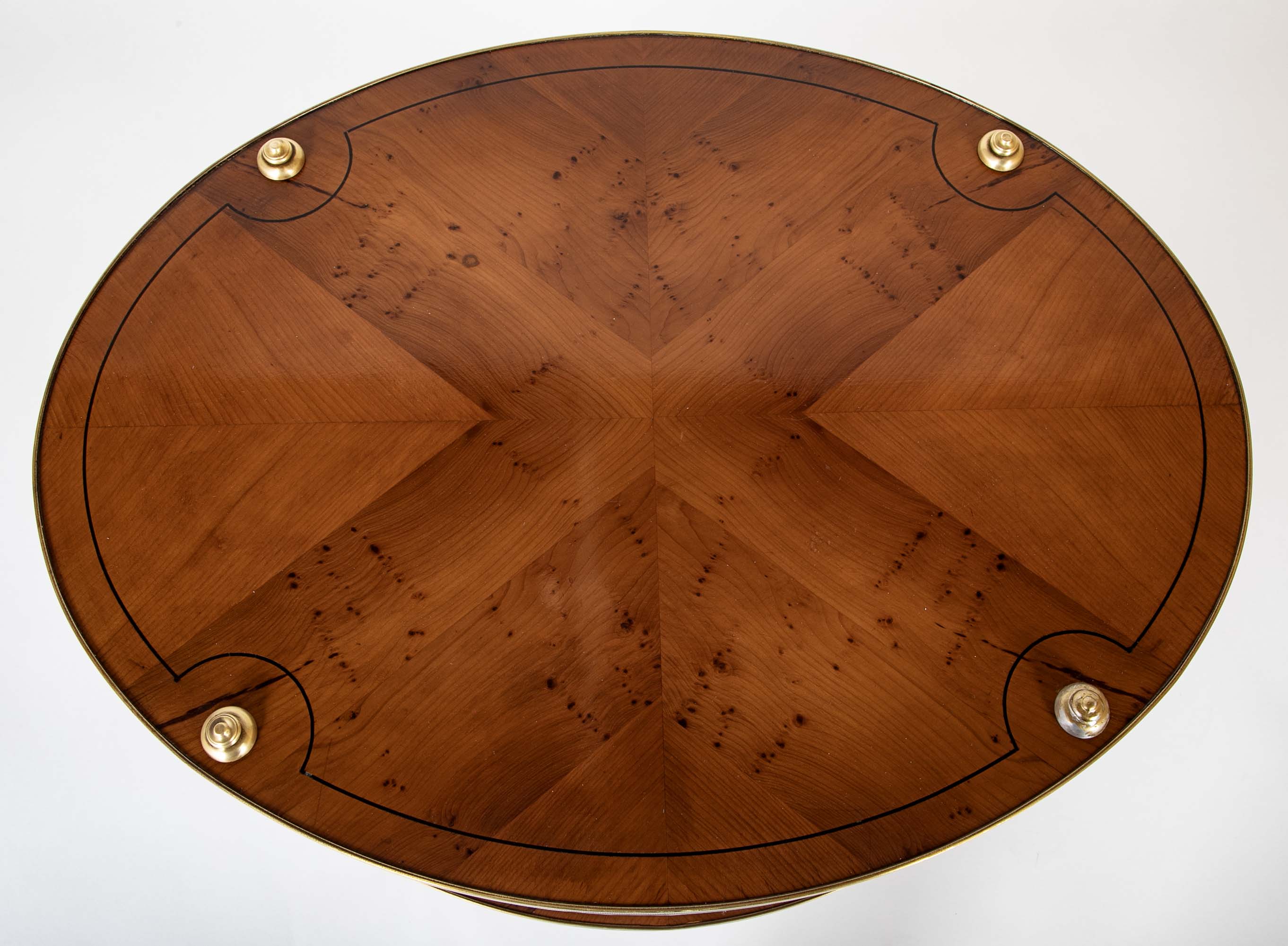 Pair of Brass Trimmed Yew Wood Two Tiered Tables