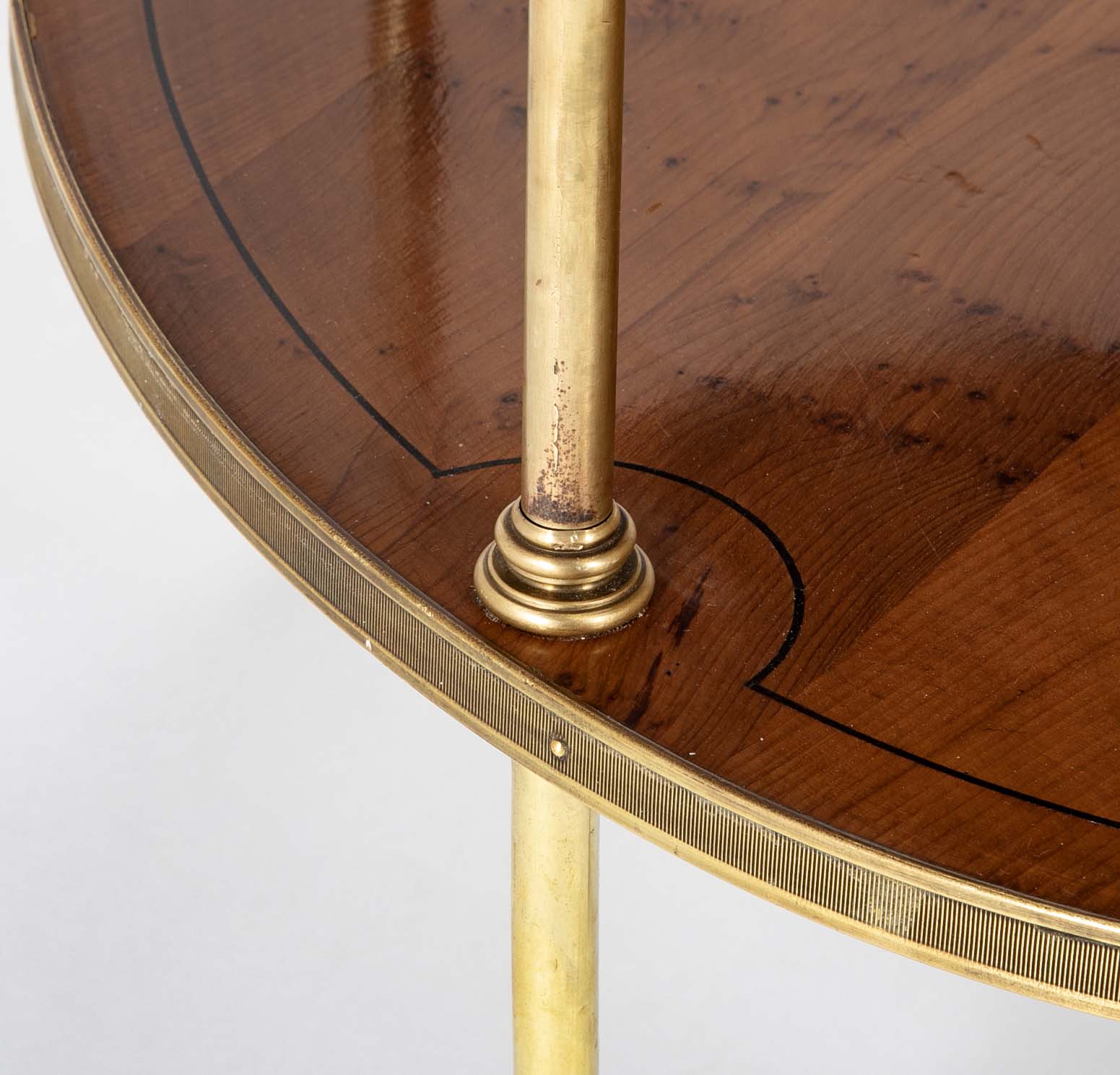 Pair of Brass Trimmed Yew Wood Two Tiered Tables