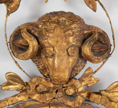 English George III Oval Hepplewhite Gilded Mirror with Ram's Head Surmount