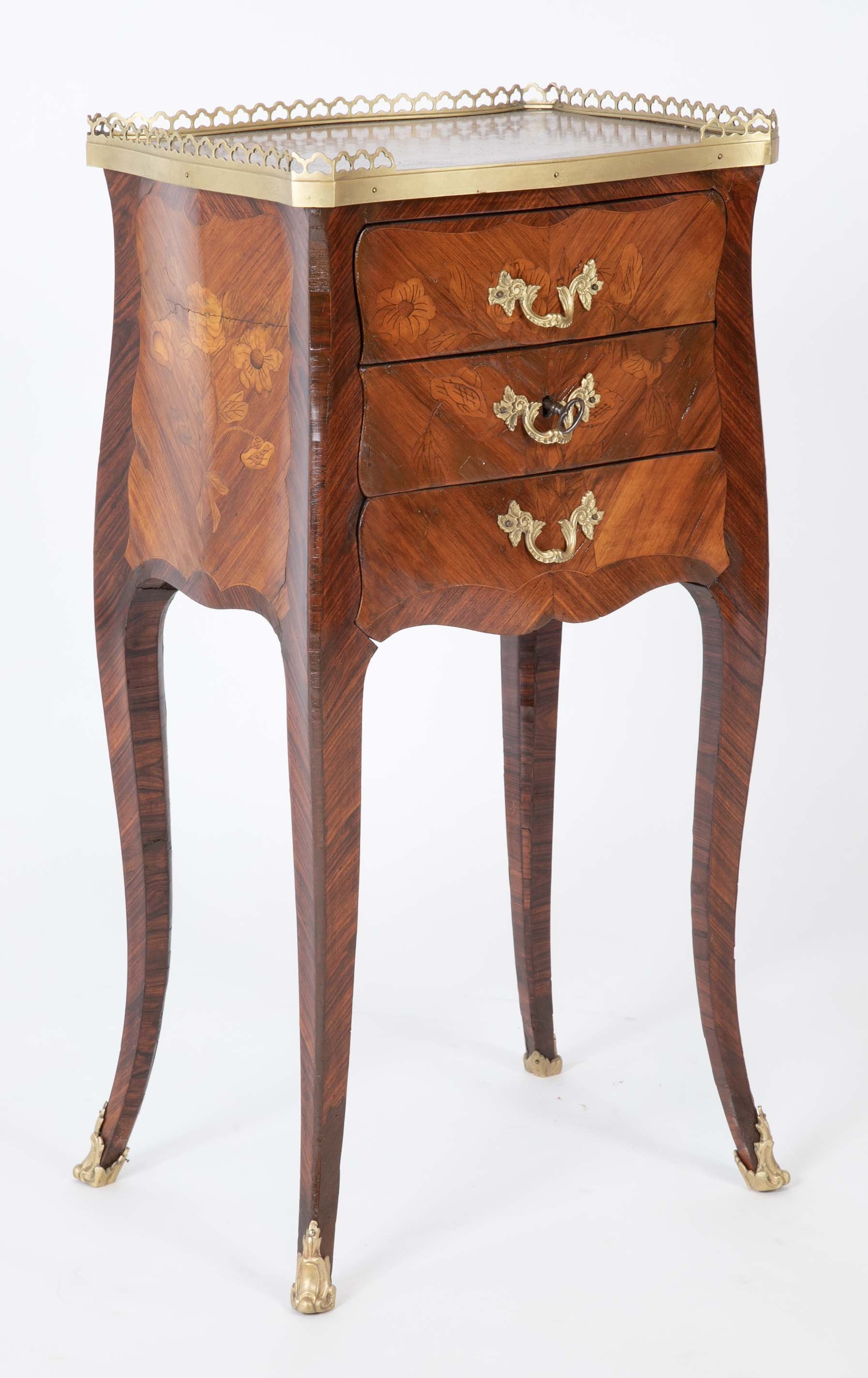 Louis XV Three Drawer Petite Commode with Marquetry Top & Sides