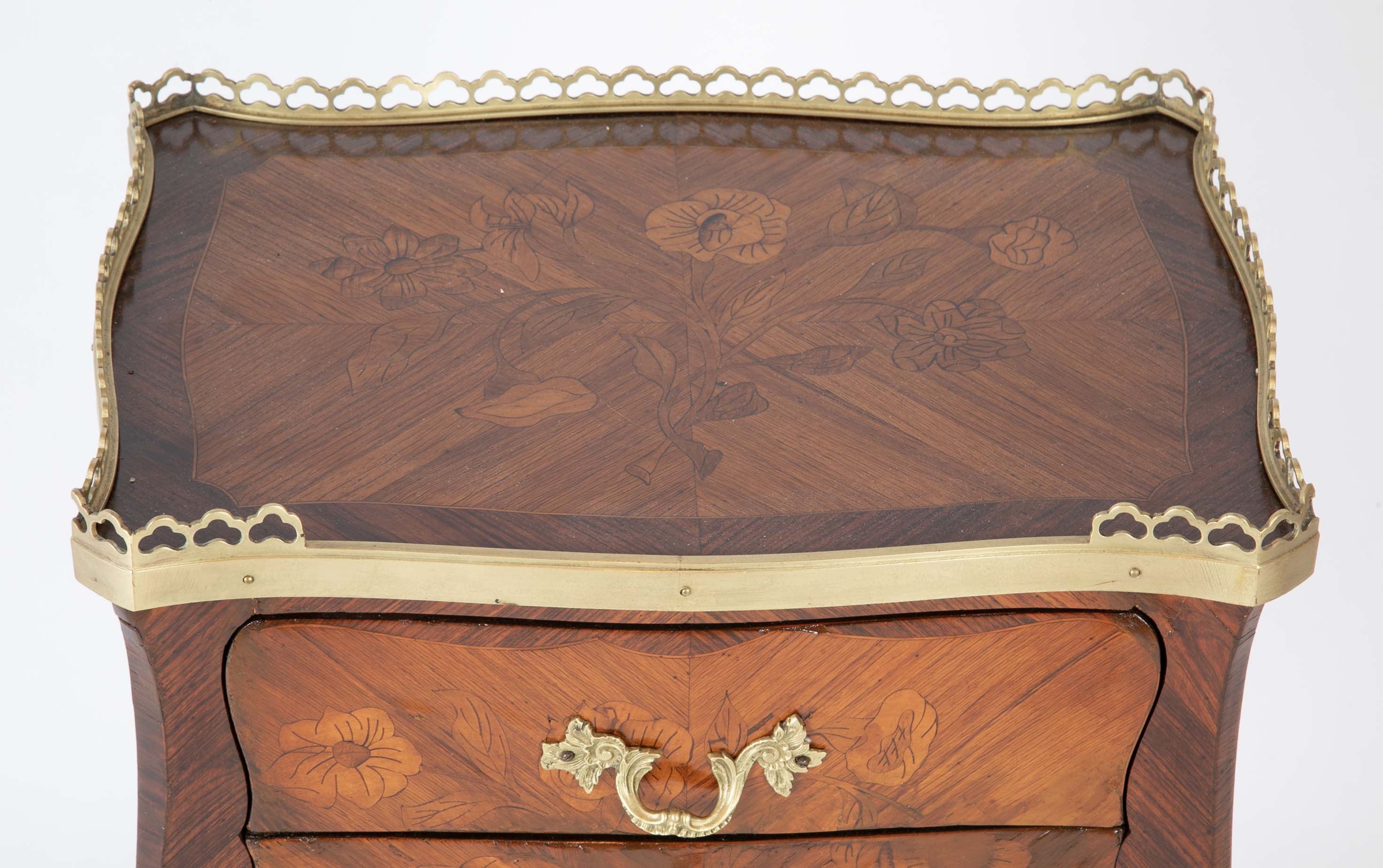 Louis XV Three Drawer Petite Commode with Marquetry Top & Sides