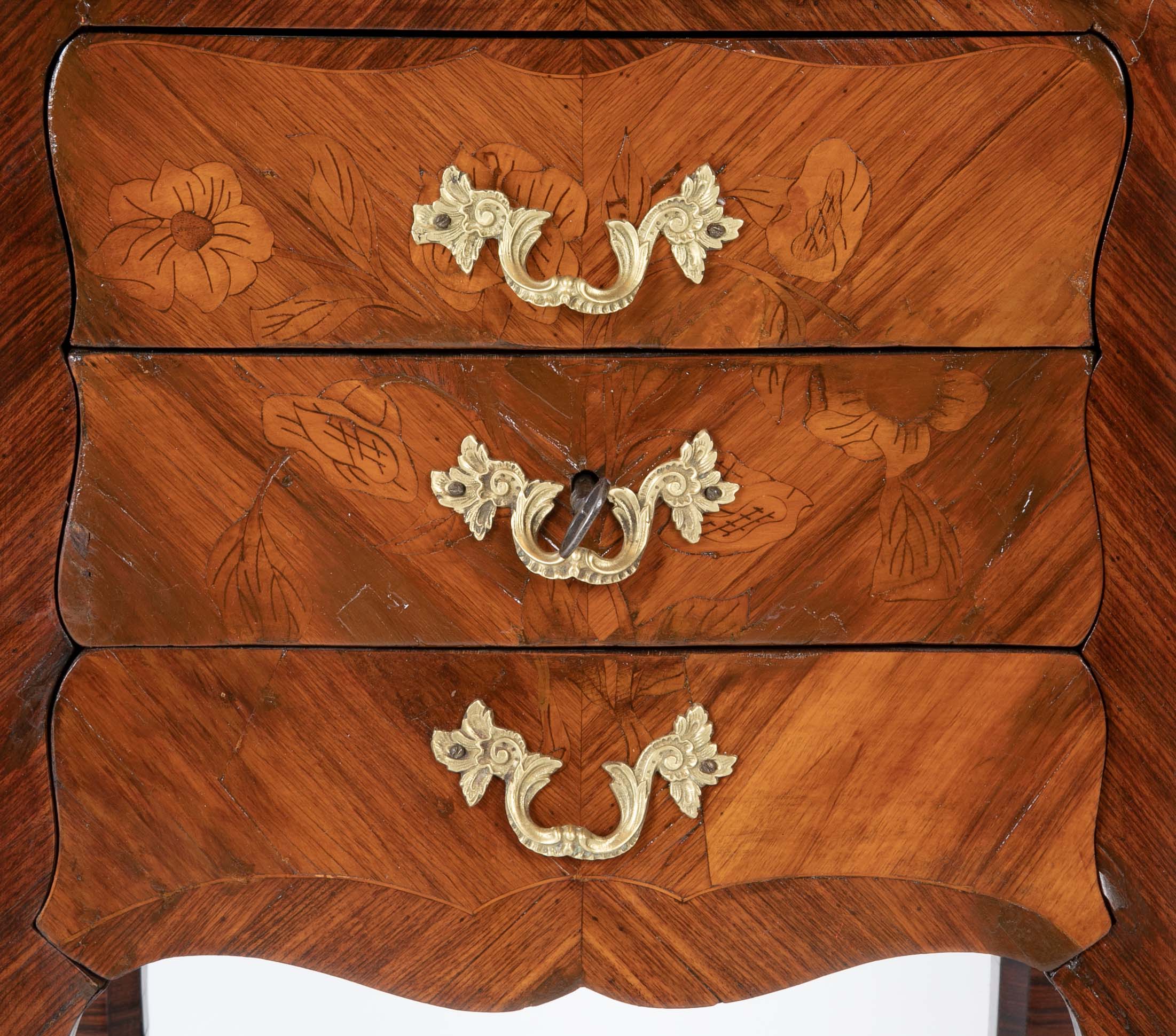 Louis XV Three Drawer Petite Commode with Marquetry Top & Sides
