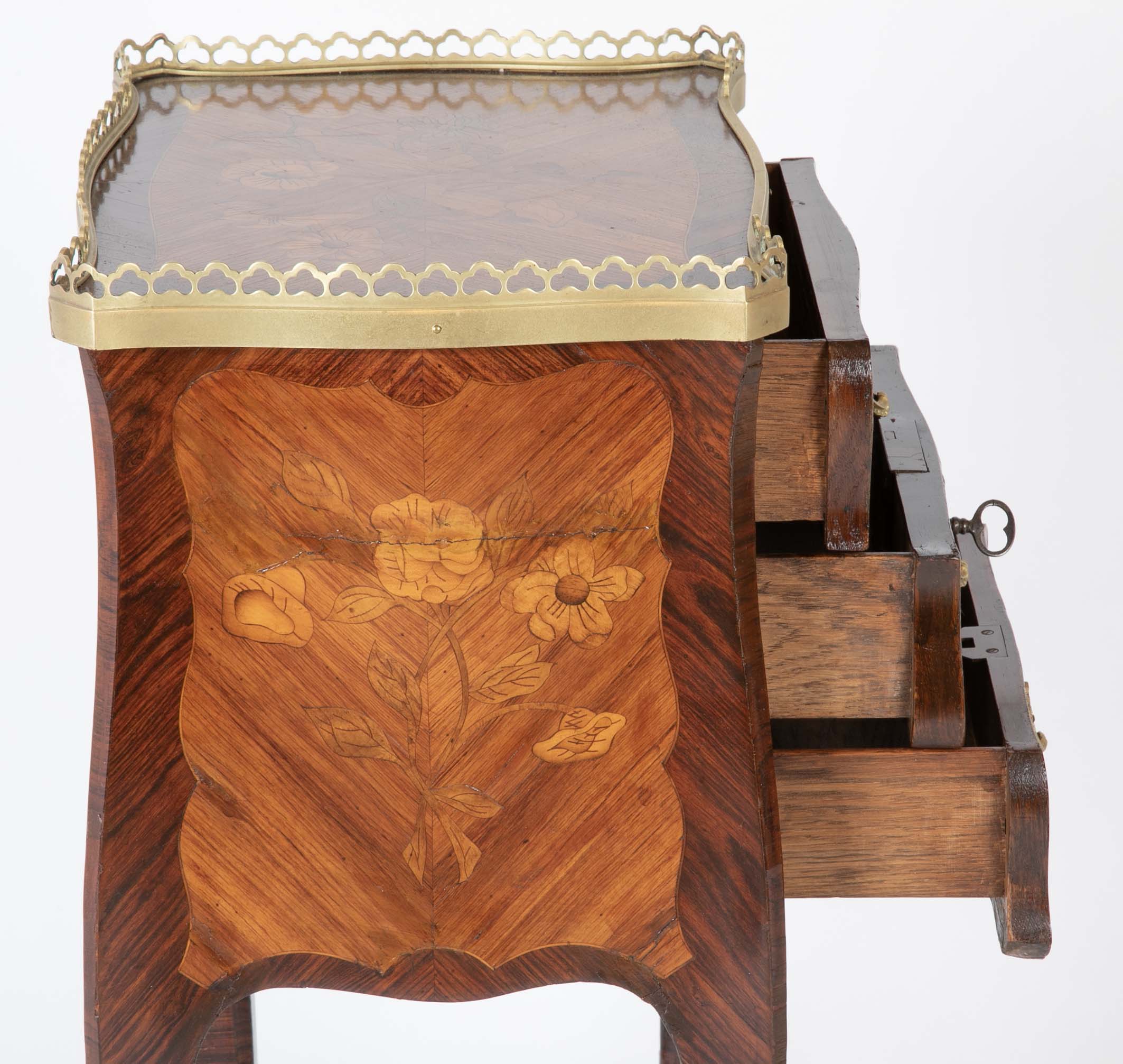 Louis XV Three Drawer Petite Commode with Marquetry Top & Sides