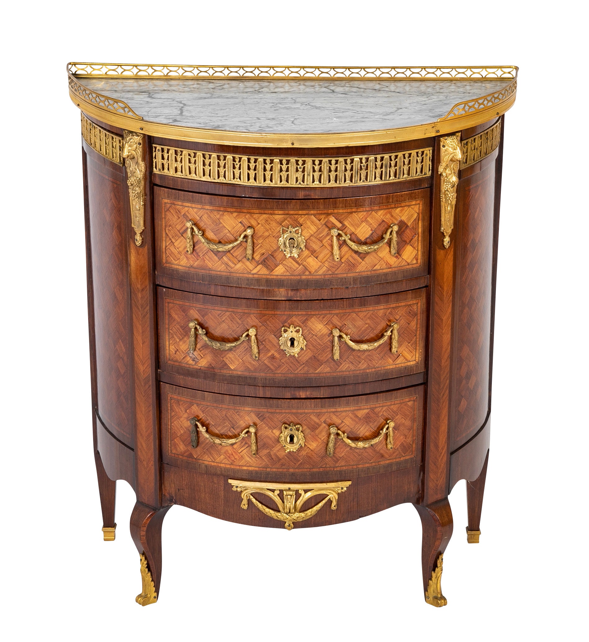 French Louis XV - XVI Marble Top Three Drawer Demilune Commode