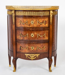 French Louis XV - XVI Marble Top Three Drawer Demilune Commode