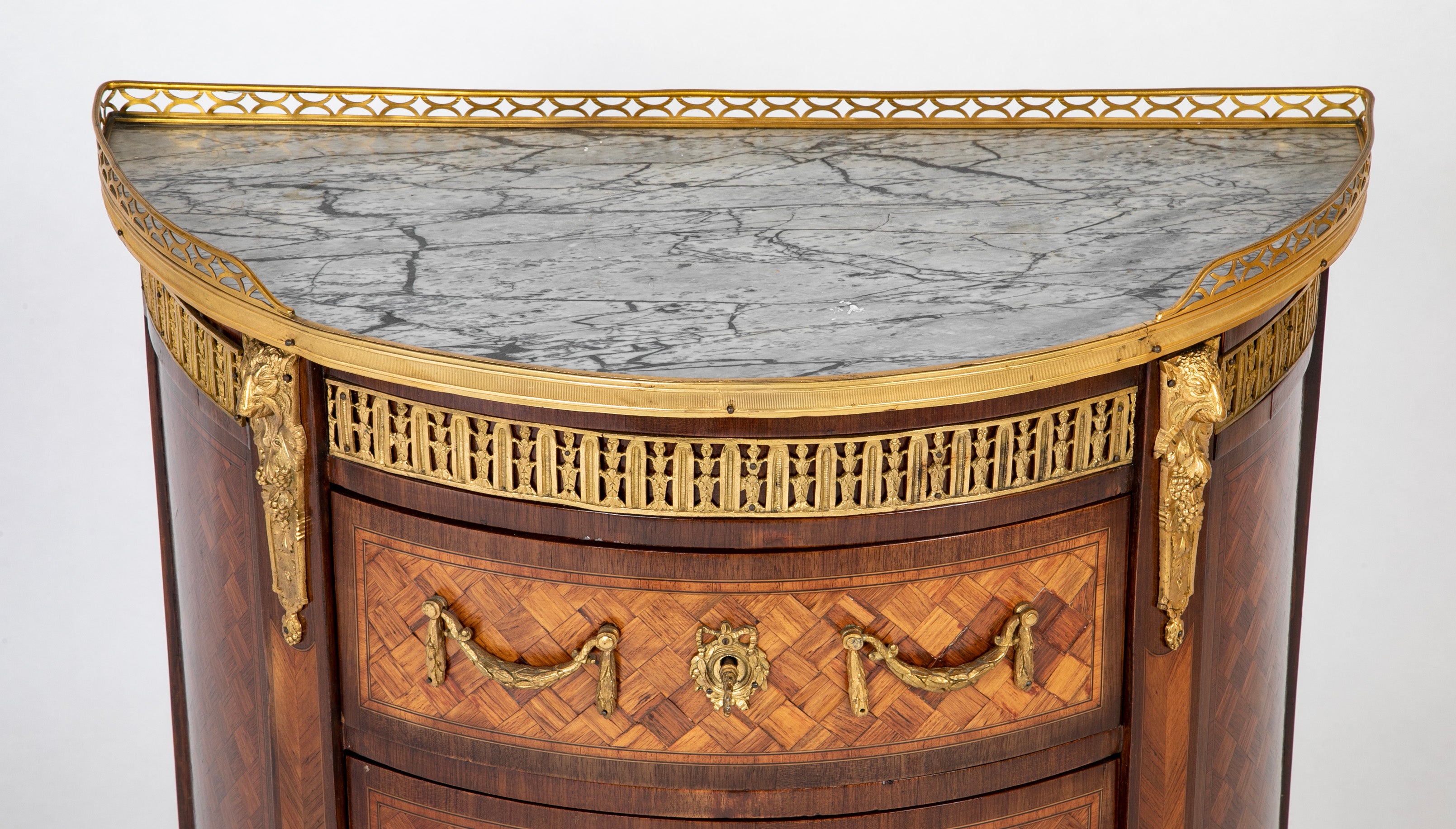 French Louis XV - XVI Marble Top Three Drawer Demilune Commode