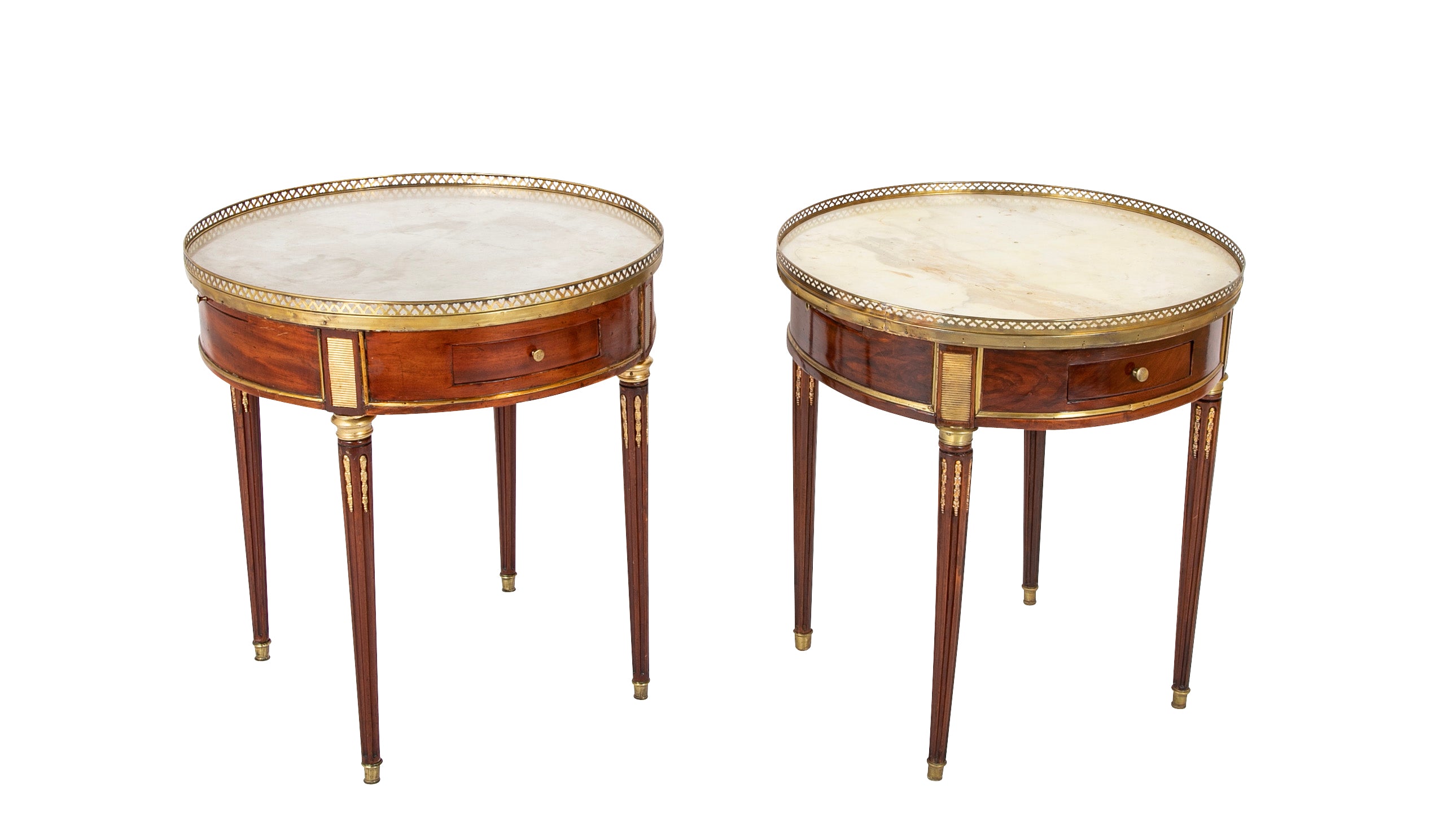 Late 18th Century Matched Pair of Louis XVI Marble Top Bouillotte Tables with Slides & Drawers