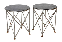 A Pair of Steel & Brass 'X' Form Marble Top Gueridons