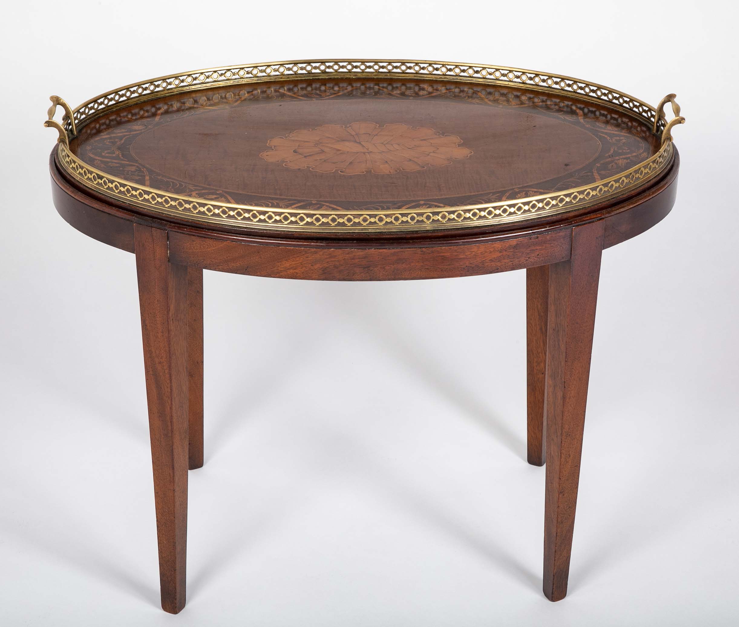 Satinwood Inlaid Brass Gallery Oval Tray on Stand with Elaborate Inlaid Border