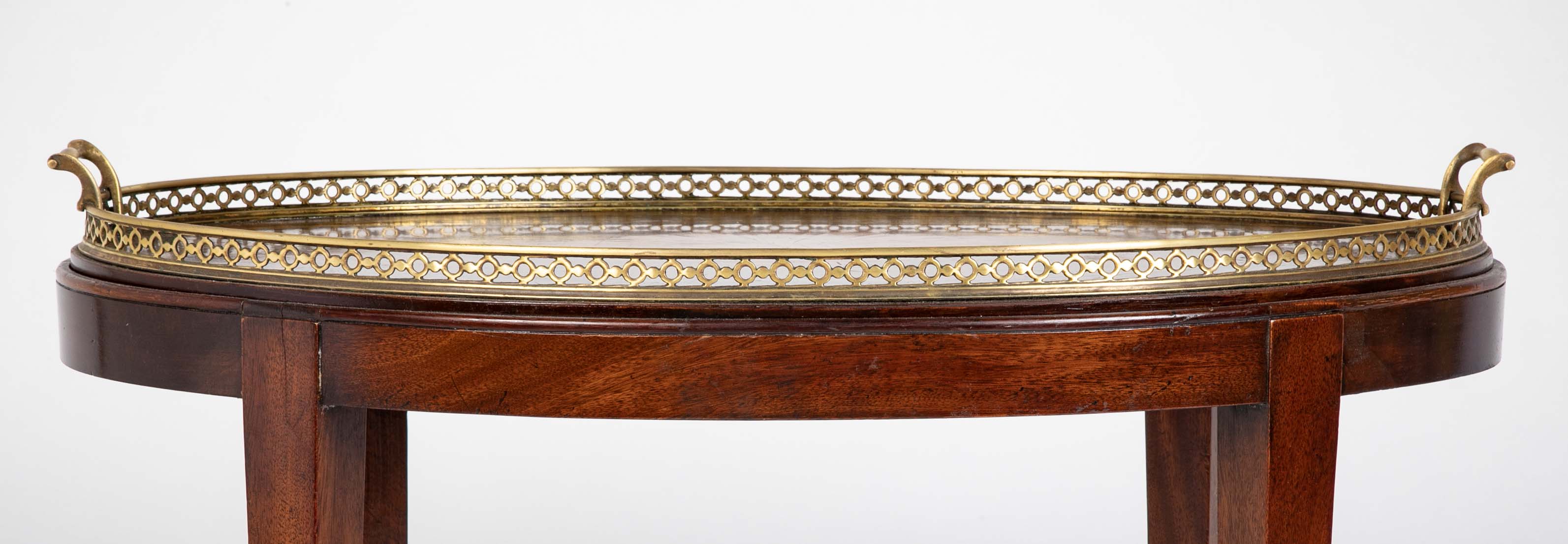Satinwood Inlaid Brass Gallery Oval Tray on Stand with Elaborate Inlaid Border
