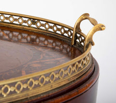 Satinwood Inlaid Brass Gallery Oval Tray on Stand with Elaborate Inlaid Border
