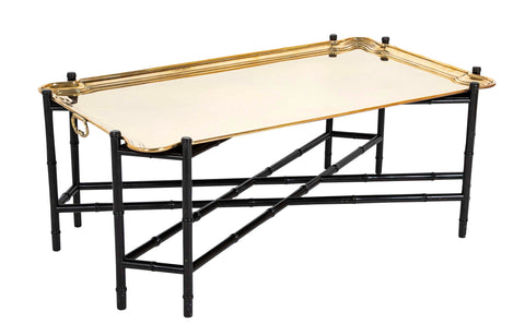 Brass Molded and Curved Edge Tray Table on Ebonized Faux Bamboo Stand
