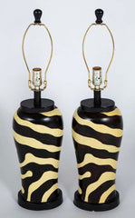 Pair of Mid-Century Zebra Decorated Lamps with Matching Finials