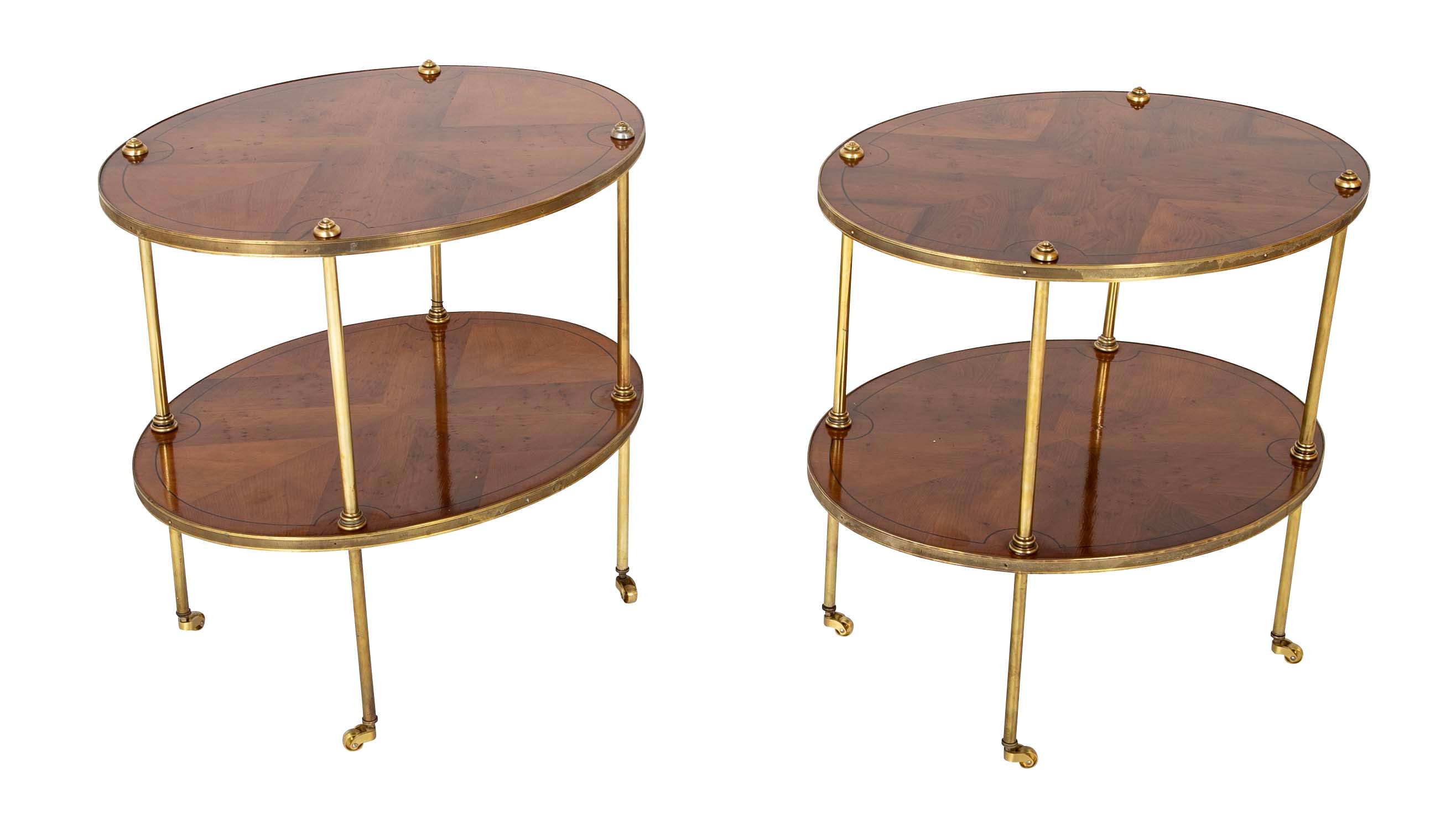 Pair of Brass Trimmed Yew Wood Two Tiered Tables