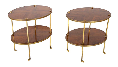 Pair of Brass Trimmed Yew Wood Two Tiered Tables