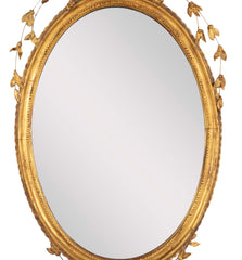 English George III Oval Hepplewhite Gilded Mirror with Ram's Head Surmount