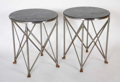 A Pair of Steel & Brass 'X' Form Marble Top Gueridons