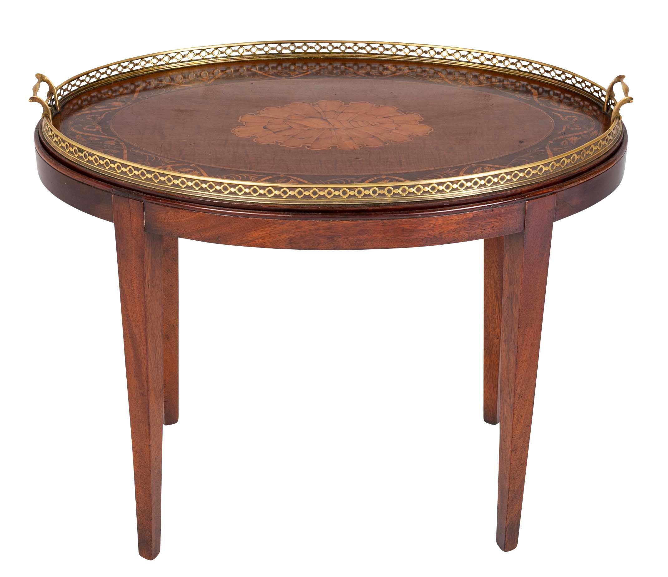 Satinwood Inlaid Brass Gallery Oval Tray on Stand with Elaborate Inlaid Border