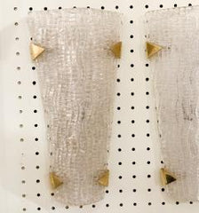 Pair of Angular Glass Sconces with Brass Accents