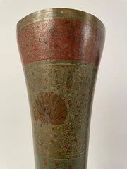 Pair Anglo Indian Etched Colored Brass Vases with Peacocks