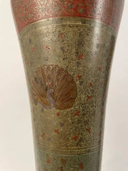 Pair Anglo Indian Etched Colored Brass Vases with Peacocks