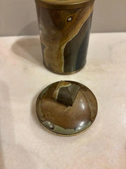 Italian Agate Hard Stone Round Box with Lid and Brass Mounts