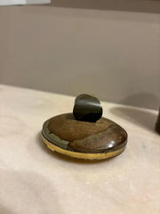 Italian Agate Hard Stone Round Box with Lid and Brass Mounts