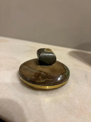 Italian Agate Hard Stone Round Box with Lid and Brass Mounts