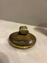 Italian Agate Hard Stone Round Box with Lid and Brass Mounts