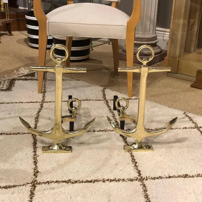 Pair of 1950's Brass Anchor Andirons