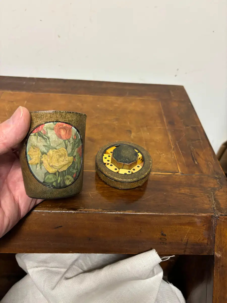 Early 20th Century Leather Dice Cup with 7 Dice Inset into the Top
