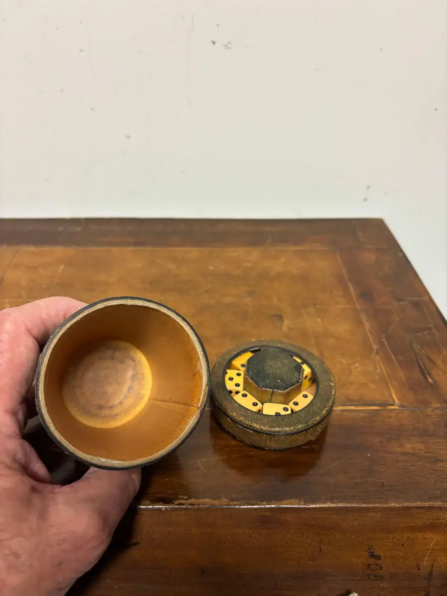 Early 20th Century Leather Dice Cup with 7 Dice Inset into the Top