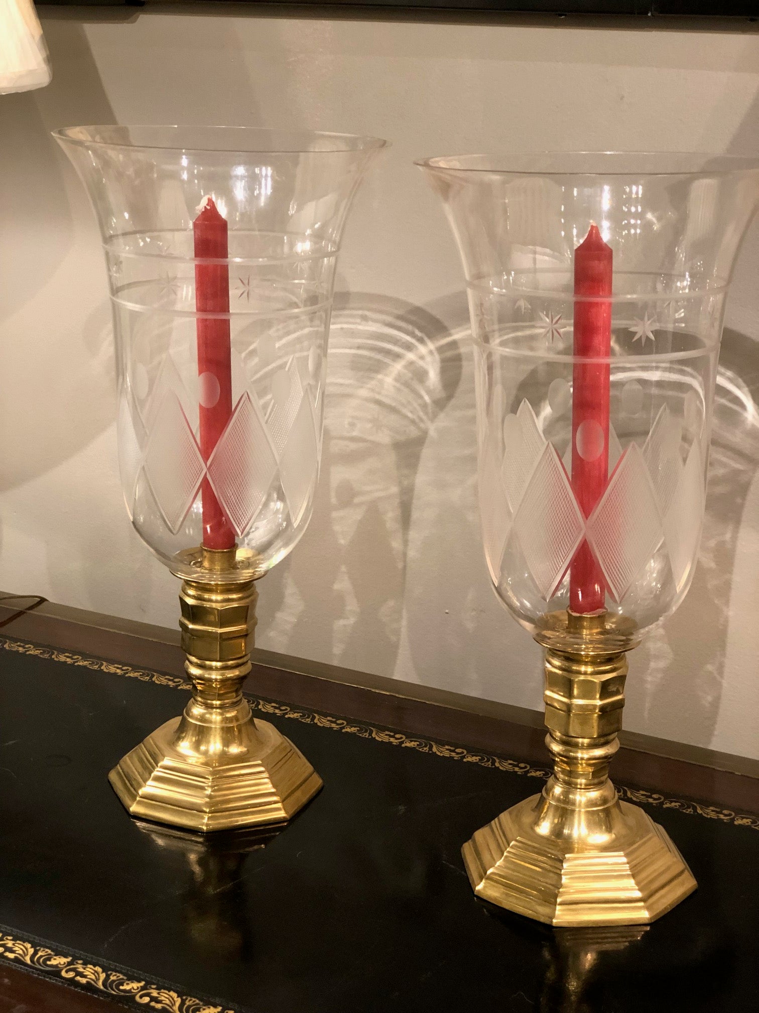 Pair of French Regence Style Photophores with Colonial Motif Hurricane Glass Shades