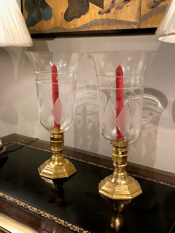 Pair of French Regence Style Photophores with Colonial Motif Hurricane Glass Shades