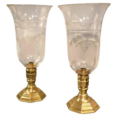 Pair of French Regence Style Photophores with Colonial Motif Hurricane Glass Shades