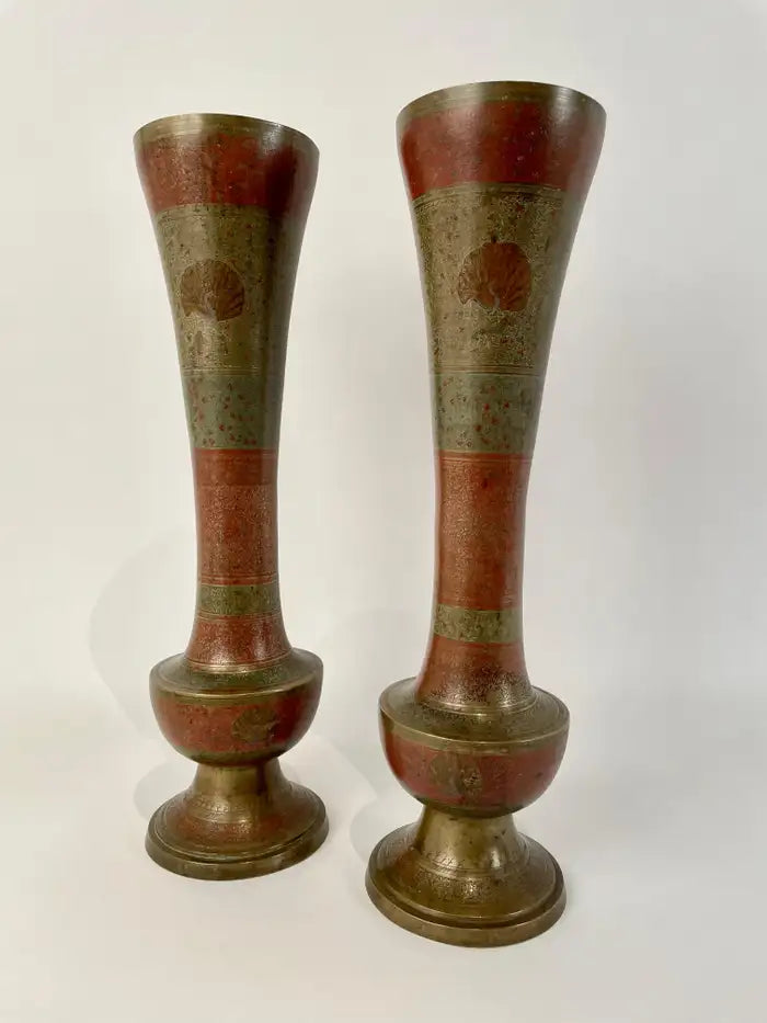 Pair Anglo Indian Etched Colored Brass Vases with Peacocks